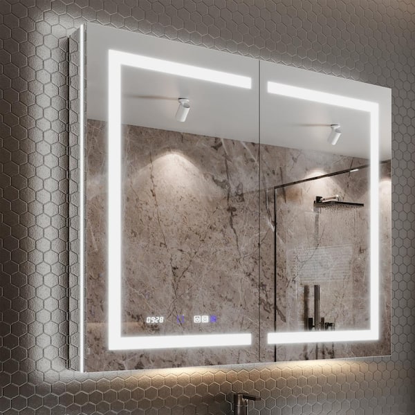 AZDHOME 42 in. W x 36 in. H Rectangular Silver Aluminum Recessed/Surface Mount Medicine Cabinet with Mirror, LED and Clock