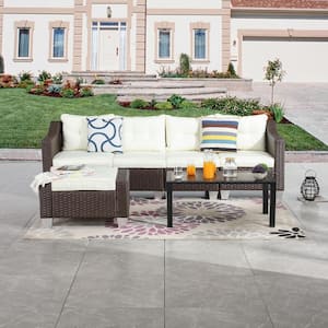 4-Piece Wicker Outdoor Sectional Set with Beige Cushions