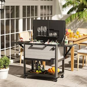 104 qt. Black Outdoor Patio Beverage Rolling Cooler with Wheels, Handles Woodgrain Ice Chest Bar Cart 48 hour Cold Drink