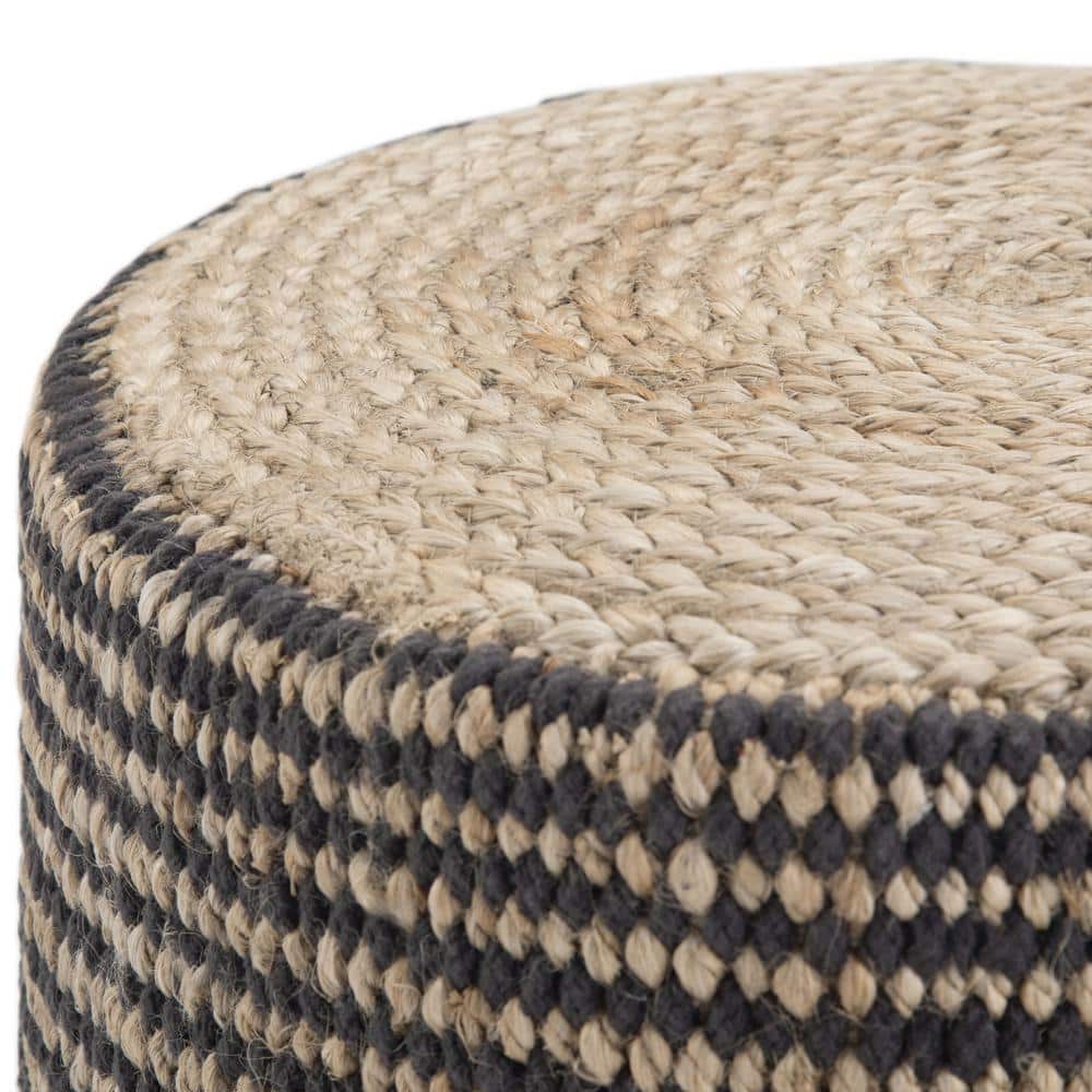 Natural and Black Round Braided Jute Pouf