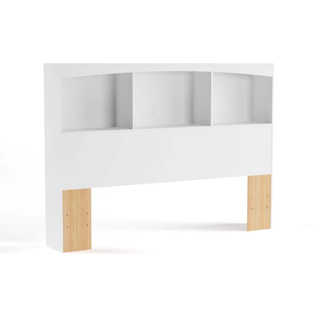 Full White Wood Bookcase Headboard with Storage