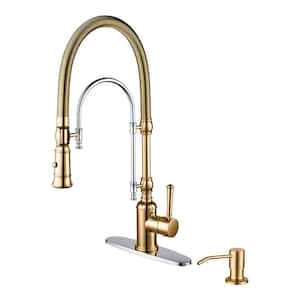 Single Handle Pull Out Sprayer Kitchen Faucet Deckplate Included in Gold and Chrome