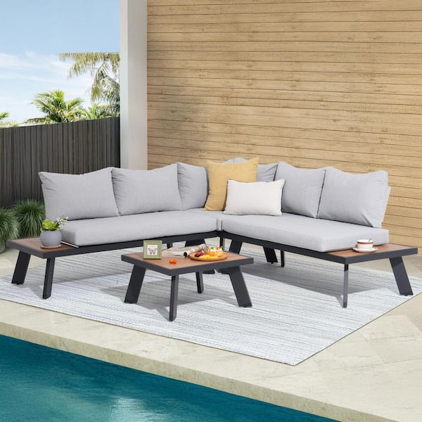 4-Piece Aluminum Outdoor L-Shaped Sectional Sofa Set with Wood Grain Top Coffee Table, Light Grey Cushion