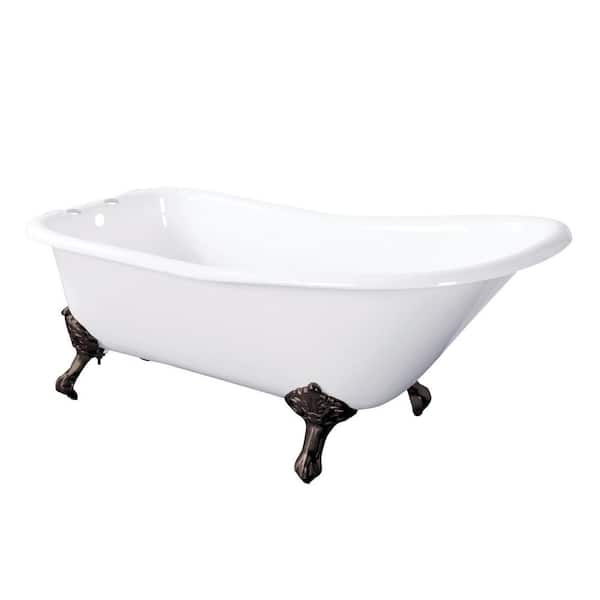 Aqua Eden 67 in. Cast Iron Single Slipper Clawfoot Bathtub in White with 7 in. Deck Holes, Feet in Oil Rubbed Bronze