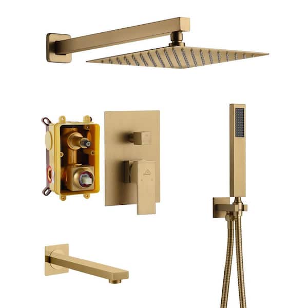 3-Spray Patterns Square 10 in. Wall Mount Dual Shower Heads 2.5 GPM with Tub Faucet in Brushed Gold