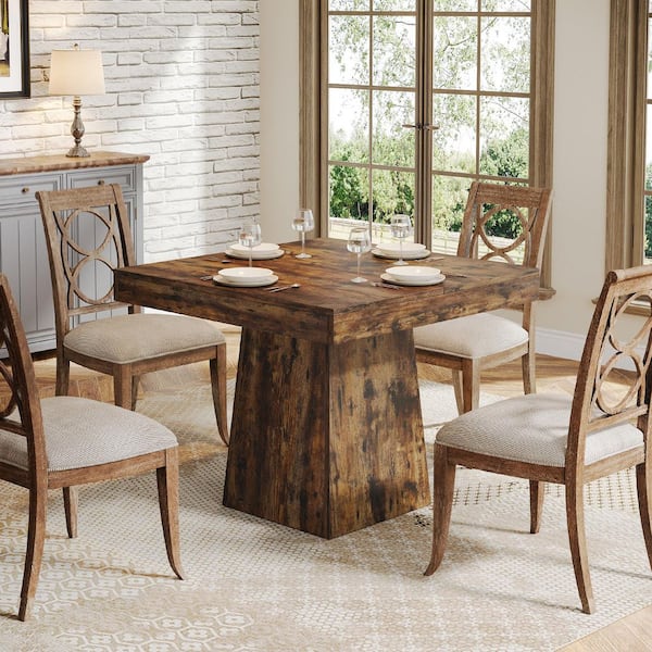Halseey 31.5 in Vintage Brown Square Wood Pedestal Dining Table, Small Dinner Kitchen Table for 4