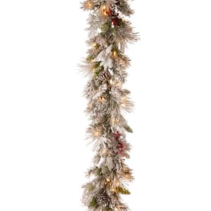 9 ft. Battery Operated Snowy Bedford Pine Garland with LED Lights