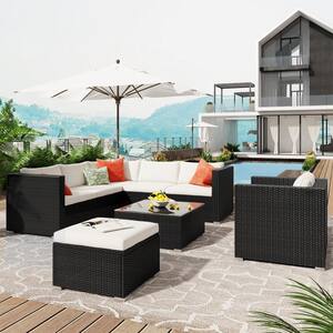 Brown Frame 8-Piece PE Wicker Rattan Patio Outdoor Conversation Set Sectional Furniture Sofa Set with White Cushions
