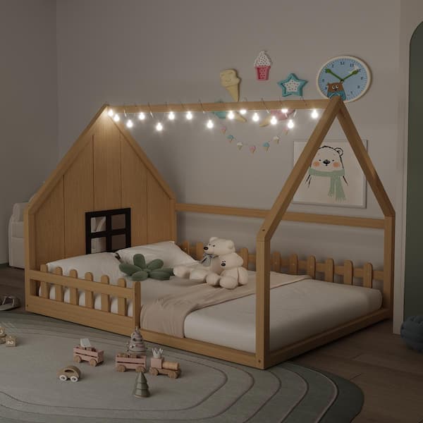 Harper & Bright Designs Natural Full Size Wood Frame House-Shaped Floor Platform Bed with LED Light Strip, Fence, Window Pattern