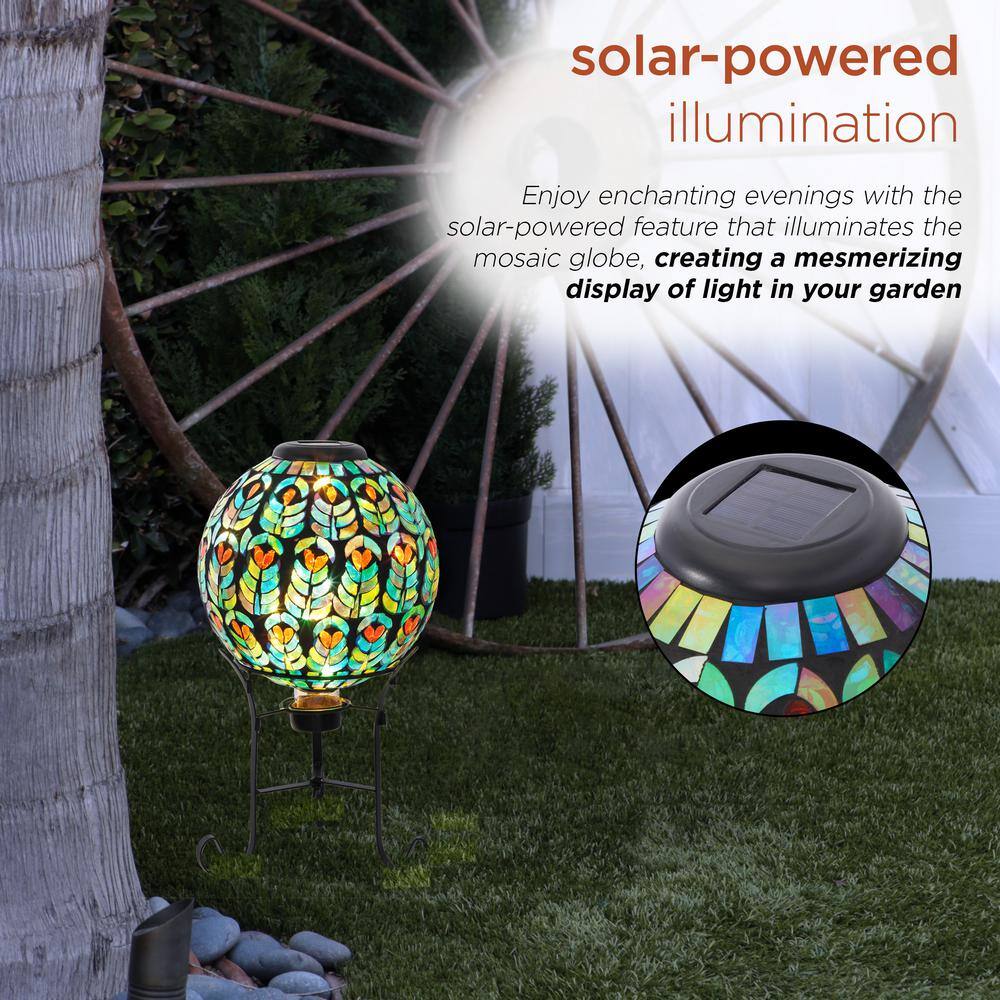 Solar Multicolor Glass Peacock Feather Mosaic Gazing Globe with Metal Stand