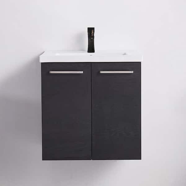 Comllen 24 in. W x 18 in. D x 24 in. H Single Sink Modern Wood Grain Bathroom Vanity in Black with White Ceramic Sink Top
