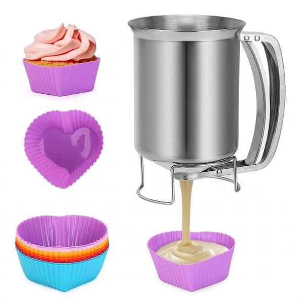Stainless Steel 32oz 900ml Pancake Batter Dispenser with Handle Silver Finish with 12-Pieces Silicone Baking Cups