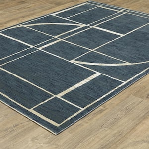 Ross Blue/Ivory 2 ft. x 8 ft. Geometric Lines Polypropylene/Polyester Fringed Indoor Runner Area Rug