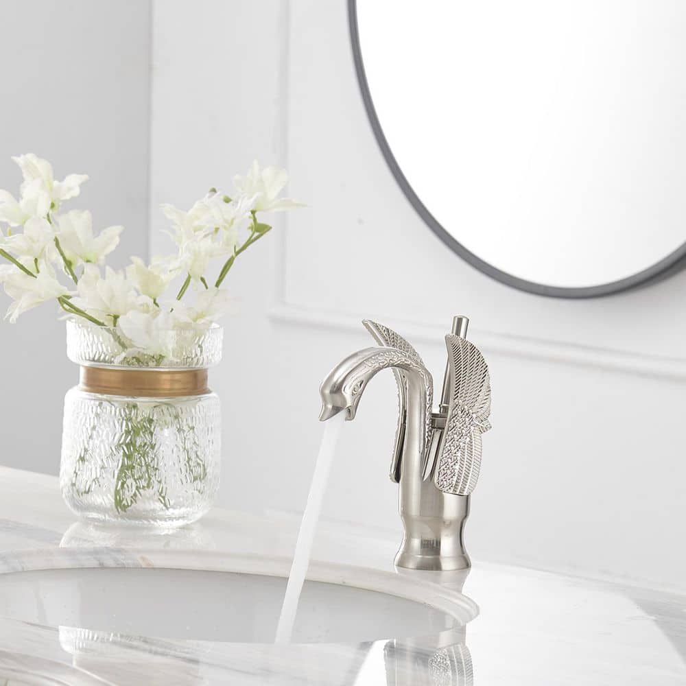 Brushed Nickel Swan Single Handle Bathroom Faucet with Pop Up Drain