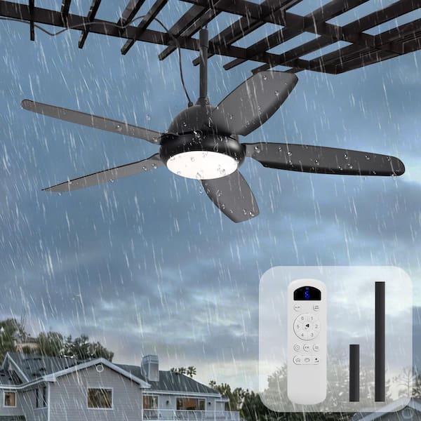 52 in. Outdoor Black Wet-Rated LED Waterproof Downrod Mount Standard Ceiling Fan with Lights and Remote for Patios