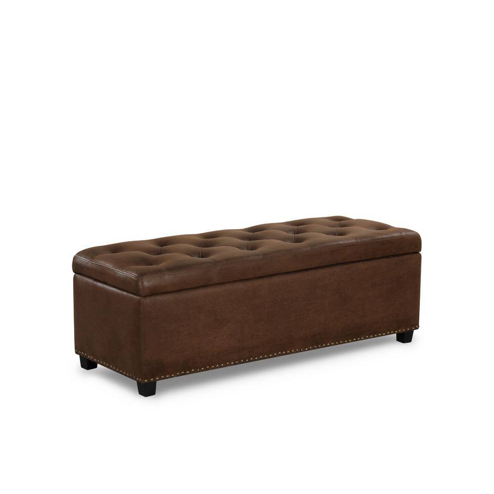 Cole Distressed Brown 48 in. Upholstered Bedroom Bench With Nailhead