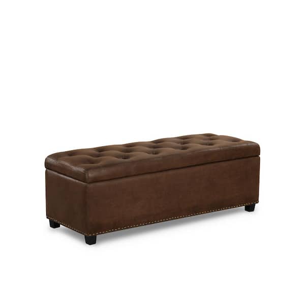 Unbranded Cole Distressed Brown 48 in. Upholstered Bedroom Bench With Nailhead Trim And Storage