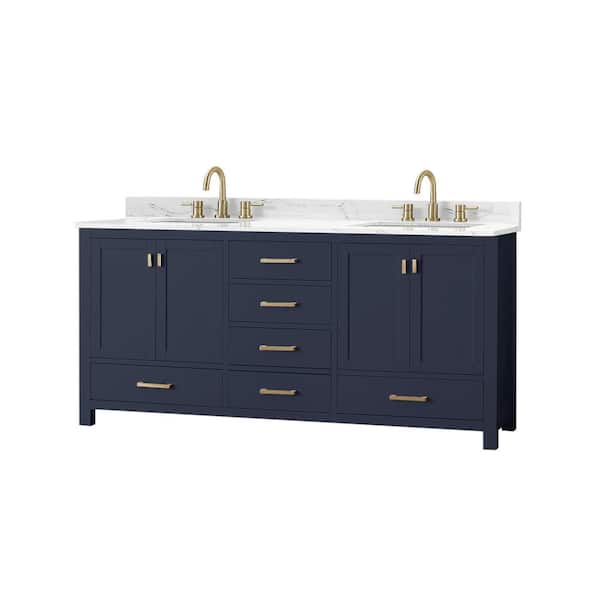 Modero 73 in. Double Sink Navy Blue Bath Vanity with Cala White Engineered Stone Top