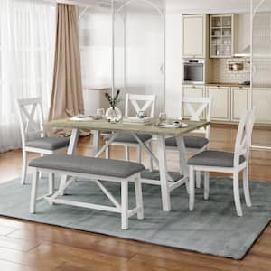 Rustic Style White 6-Piece Wood Dining Table Set with 4 Gray Upholstered Chairs and Bench
