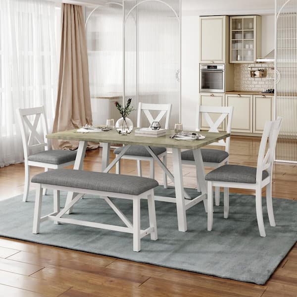 Harper & Bright Designs Rustic Style White 6-Piece Wood Dining Table Set with 4 Gray Upholstered Chairs and Bench