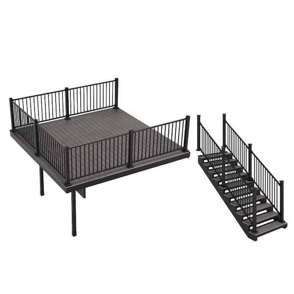 FORTRESS Apex Attached 12 ft x 12 ft Alaskan Driftwood PVC Deck Kit and 10-Step Stair Kit with Steel Framing and Aluminum Railing
