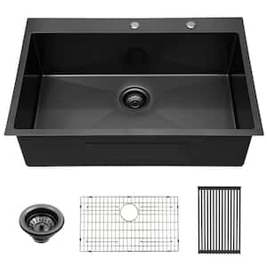 33 in. Topmount Gunmetal Black 16-Gauge Stainless Steel Single Bowl Drop-In Kitchen Sink with Sink Accessories