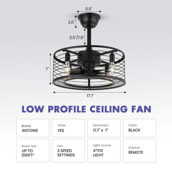 17 in. Indoor Black Ceiling Fan Caged Ceiling Fan with Lights and Remote Industrial Enclosed Ceiling Fan