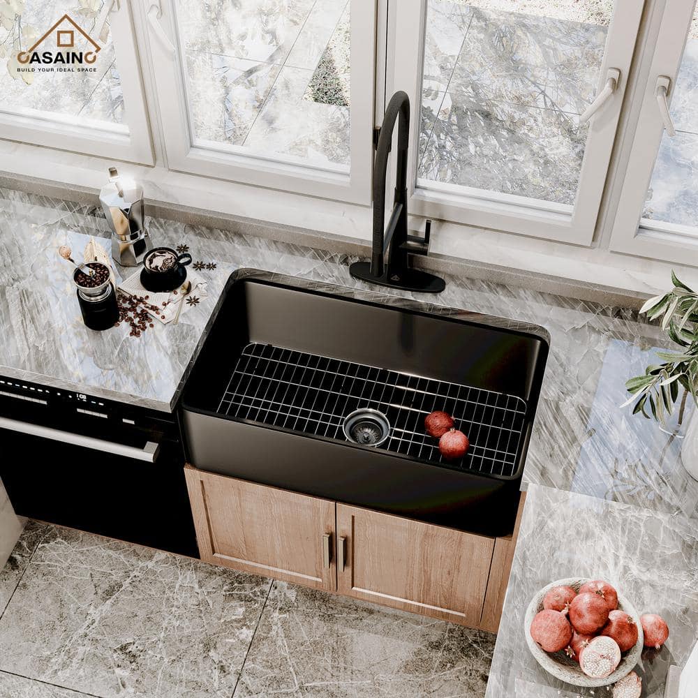 Matte Black Fireclay Farmhouse Kitchen Sink with Faucet