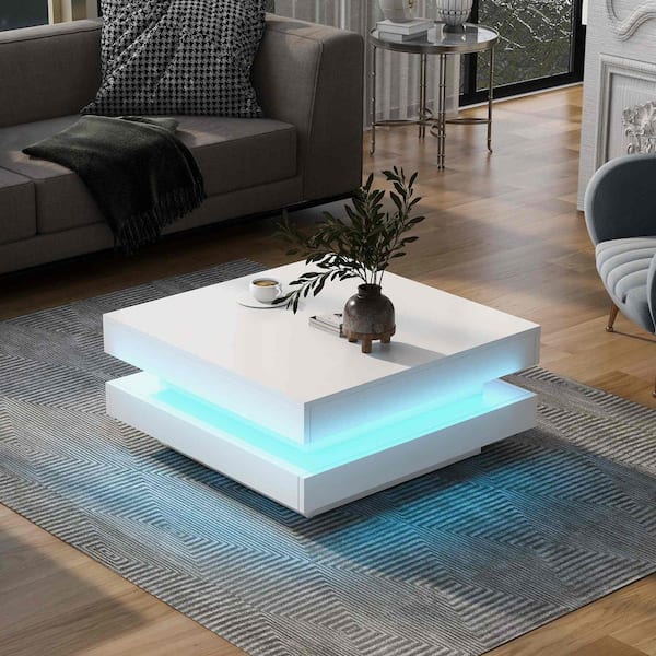 Polibi 31.5 in. White Square Wood Coffee Table with LED Lights