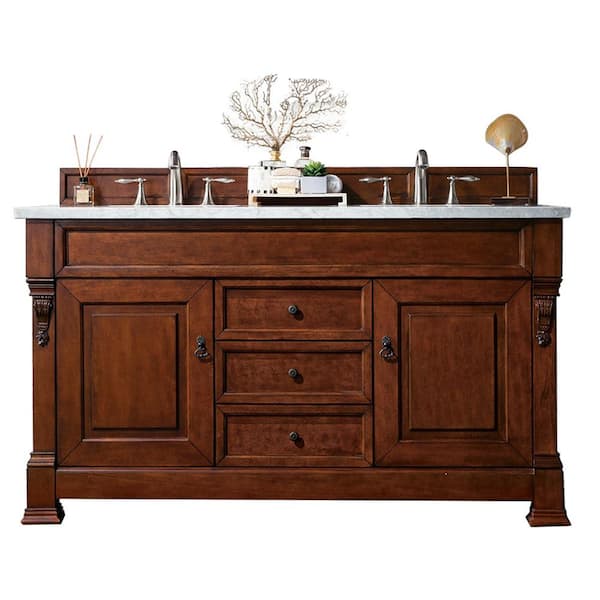 James Martin Vanities Brookfield 60 in. W x 23.5 in. D x 34.3 in. H Double Bath Vanity in Warm Cherry with Marble Top in Carrara White