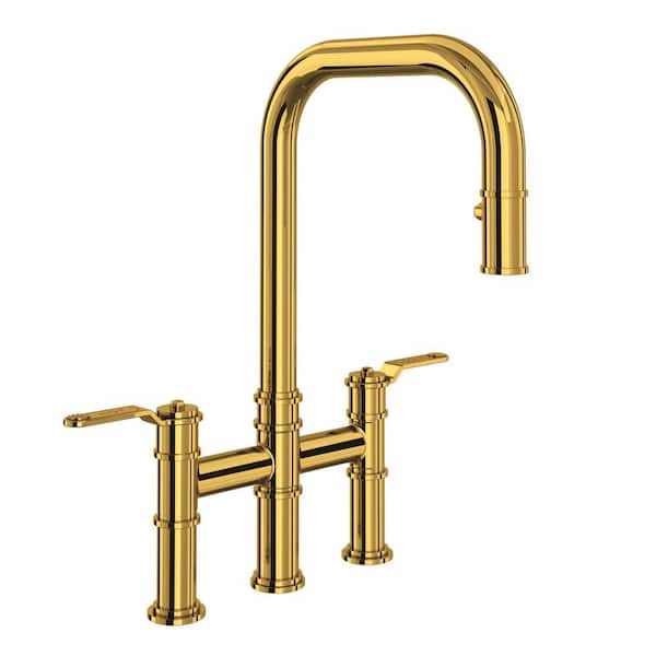 Armstrong Double Handle Bridge Kitchen Faucet in Unlacquered Brass