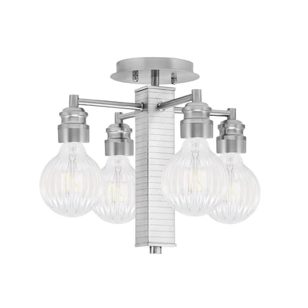 Unbranded Albany 13.75 in. 4-Light Brushed Nickel Semi-Flush with Ribbed Clear LED Bulbs Shades