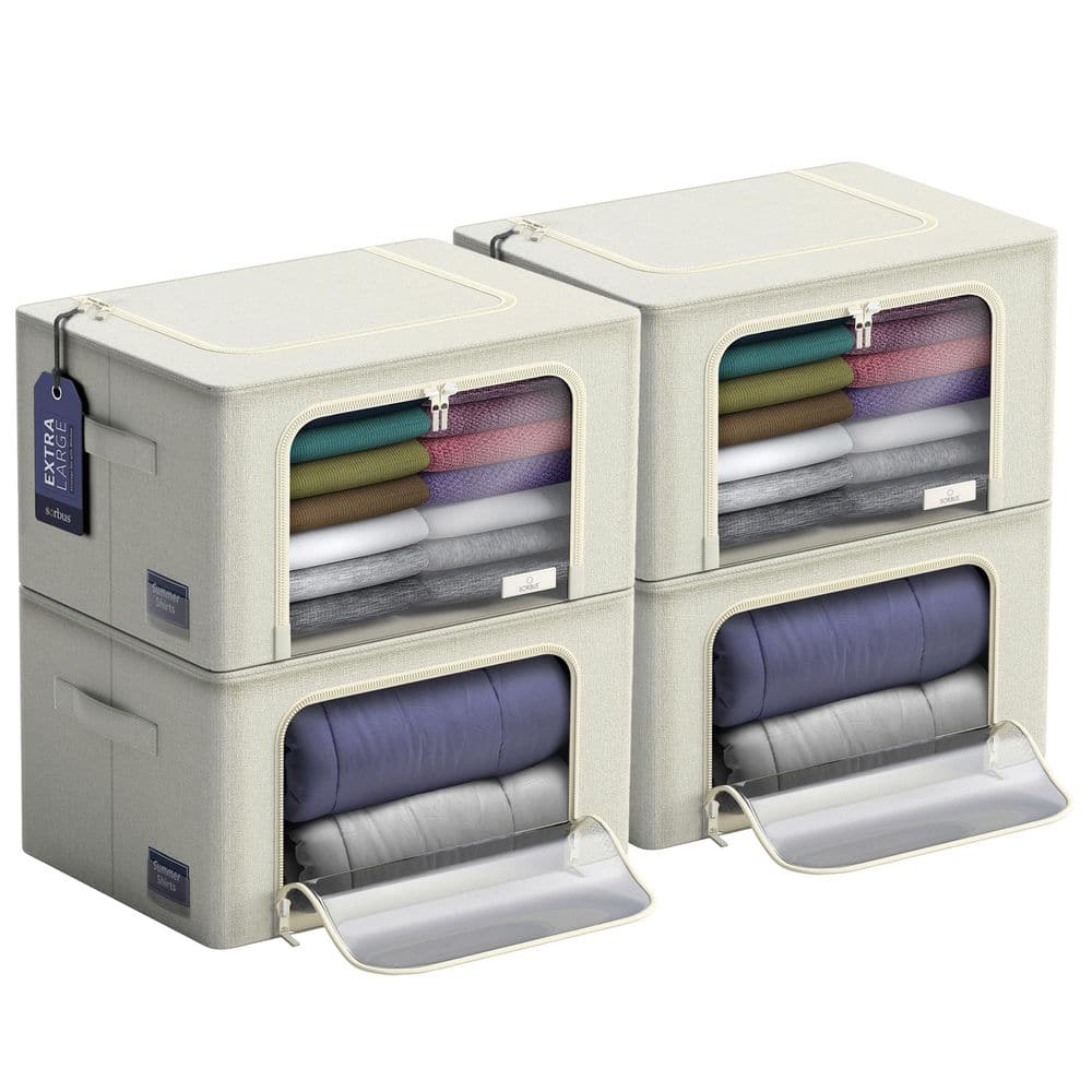 Jumbo Storage Bins, Organizers with Frame, Handles, and Window, Beige 24 in