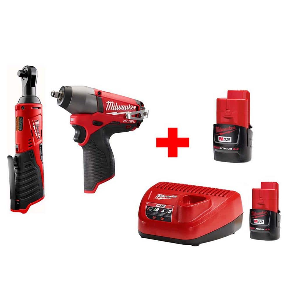 M12 12-Volt Lithium-Ion Cordless 3/8 in. Ratchet and 3/8 in. Impact Wrench Combo Kit (2-Tool) -  Milwaukee, 2457-20-CX