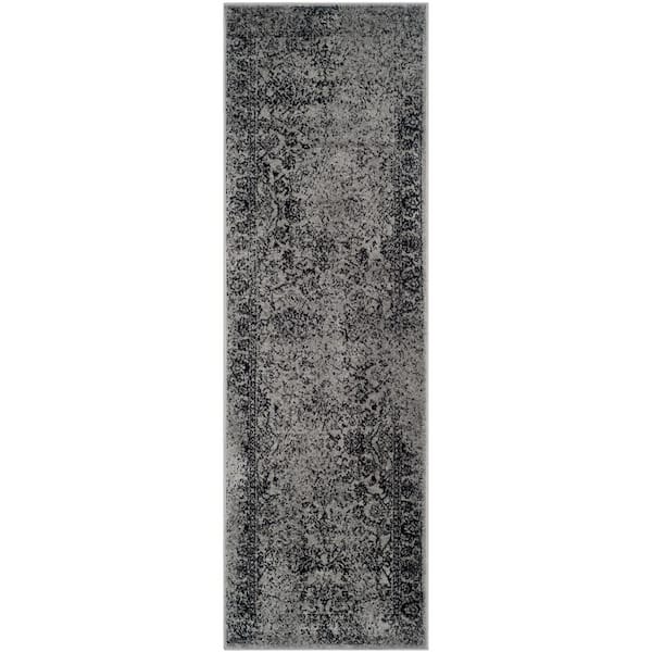 Adirondack Gray/Black 3 ft. x 18 ft. Border Distressed Runner Rug