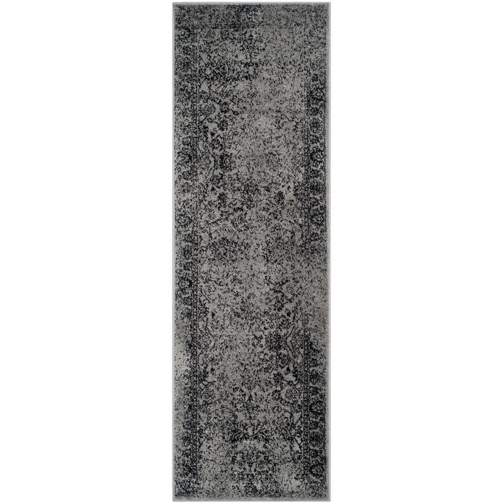Grey and Black Hand-knotted Synthetic Runner Rug