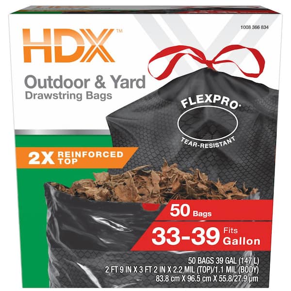 HDX FlexPro 33 Gal. to 39 Gal. Black Drawstring Outdoor and Yard Trash Bags  (50-Count) HD39HF050B - The Home Depot