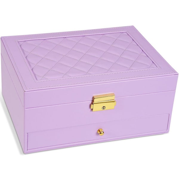 Purple Rectangular Faux Leather 2-Layer Jewelry Box with Removable Jewelry Tray Gift Idea