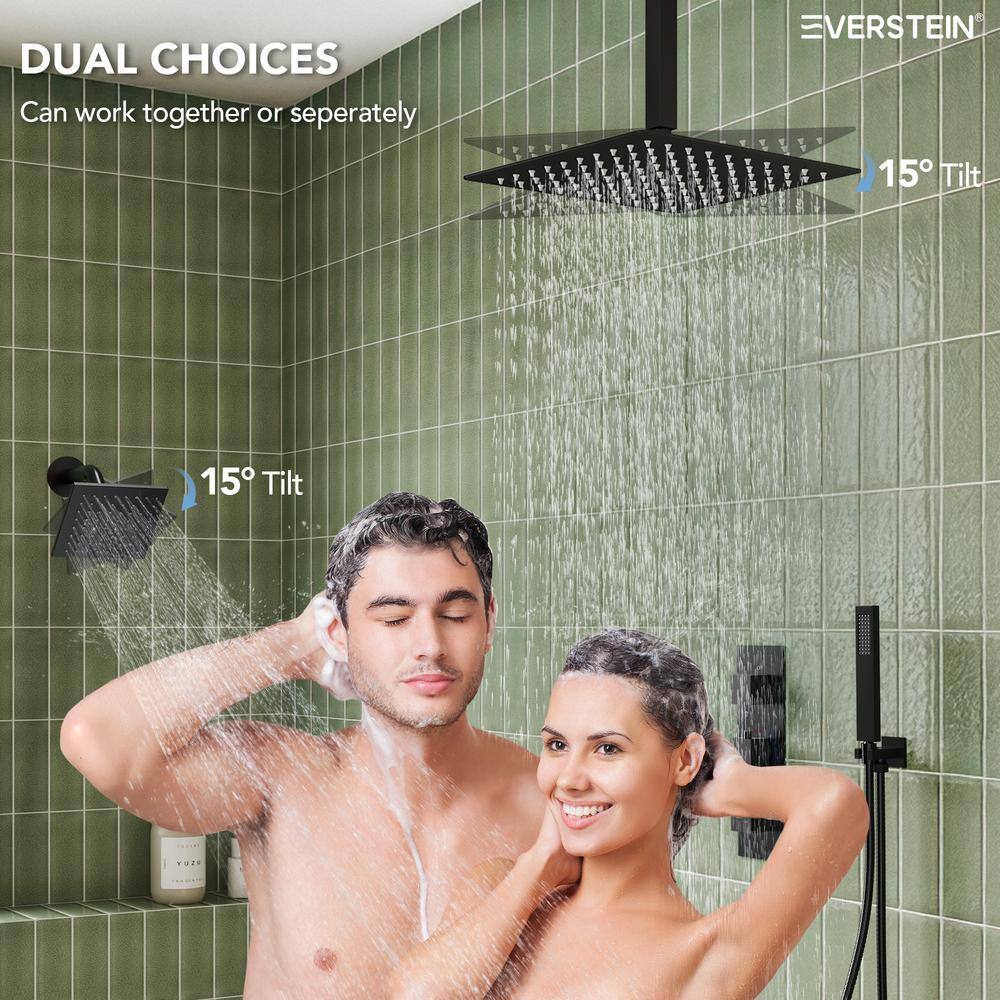 Matte Black 12" Ceiling Mounted Rainfall Shower System with Jets