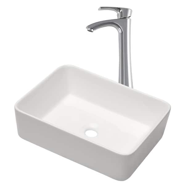 Logmey 19 in. x 15 in. Bathroom Porcelain Ceramic Rectangular Vessel Sink in White with Faucet