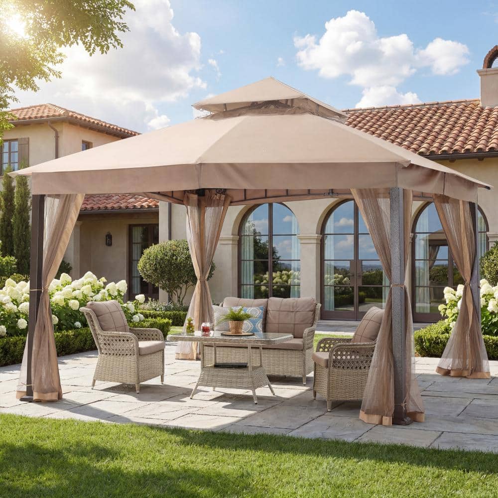 11 ft. x 13 ft. Steel Patio Gazebo With Netting and Olefin Roof in Khaki price history on PriceWatchPro
