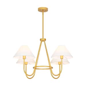 Kandras 4-Light 31 in. Modern Gold Sputnik Round Chandelier with White Linen Tapered Shades for Dining Room/Living Room