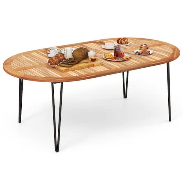 Acacia Wood Patio Dining Table 79 in. W Oval Table with with Umbrella Hole for Balcony, Deck or Porch