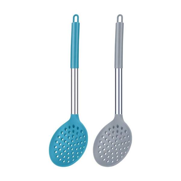 Grey and Teal Blue Silicone Kitchen Ladle Strainer, Large Slotted Spoon with High Heat Resistant BPA Free, (Set of 2)