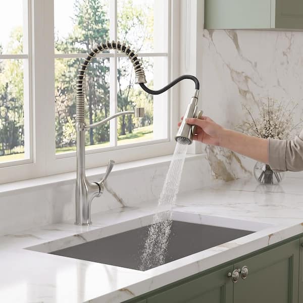 23.8 in. Single Handle Spring 360° Swivel Pull Down Sprayer Kitchen Faucet with Spray Wand in Brushed Stainless