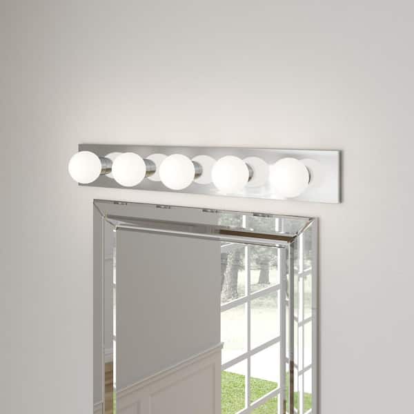 Center Stage 30 in. 5-Light Chrome Traditional Wall Dressing Room Hollywood Bathroom Vanity Bar Light
