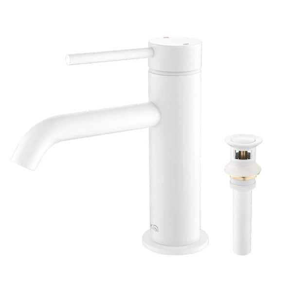 Single Hole Circular Single Handle Bathroom Vanity Sink Faucet with Pop Up Drain in Matte White