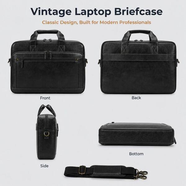Numhew Vintage Black PU Leather Laptop Briefcase, Waterproof