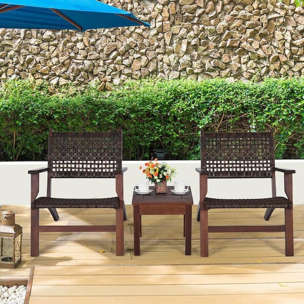 3-Piece Rattan Patio Chair and Table Set Outdoor Furniture Set with Wooden