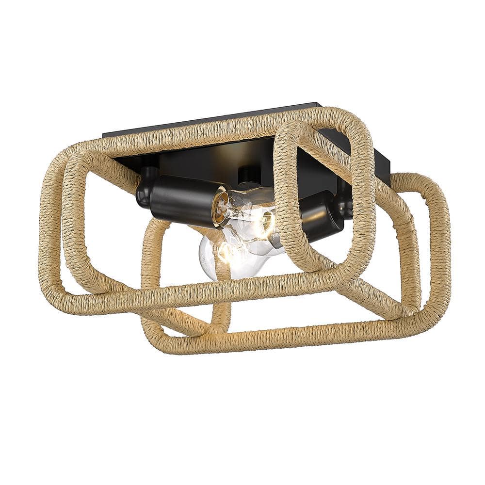camden 2-light flush mount in matte black with natural raphia rope